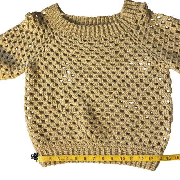 Handmade Crochet Open-Knit Beige Sweater With Ribbed Collar & Cuffs - Picture 8 of 9
